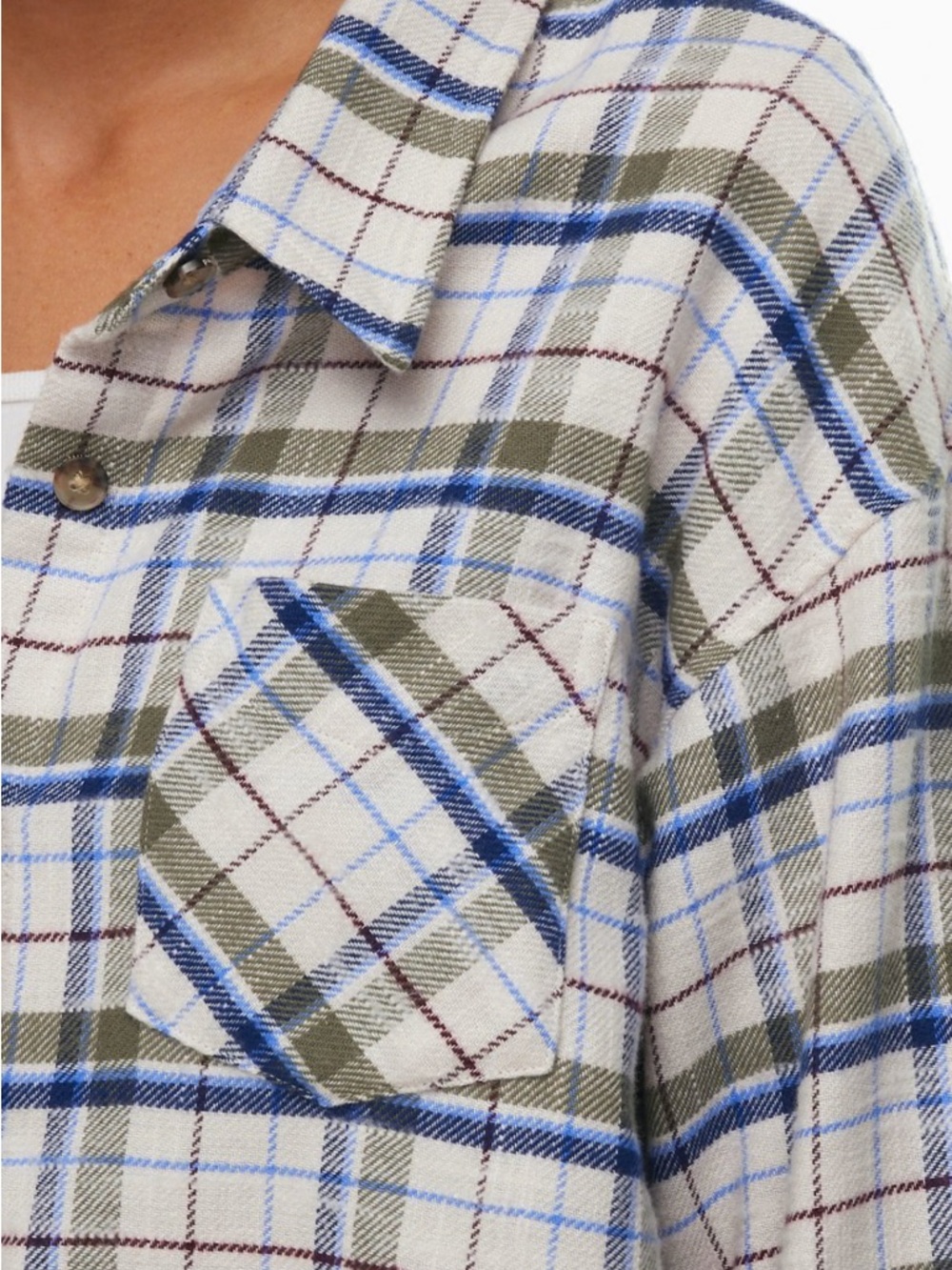 Aritzia Wilfred Free Plaid Shirt in Cream, Olive & Blue